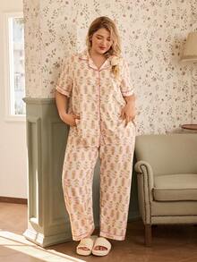 CottageSlumber Plus Size Floral Print Ruffle Collar Cardigan Short Sleeve & Pants Pajama Set - Multicolor - View 6