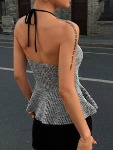 DAZY Women's Halter Tie-Up Backless Single-Breasted Fashionable Versatile Date Party Top - Black and White - View 2