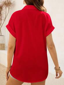 SHEIN Maternity Solid Color Front Button Casual Versatile Short Sleeve Shirt - Red - View 2