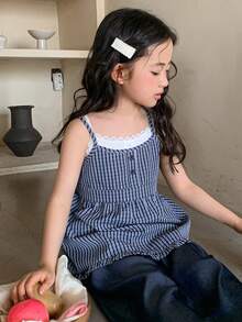 DAZY Young Girl Contrast Lace Button Design Striped 2 In 1 Camisole - Blue - View 1