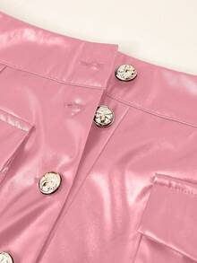 SHEIN Franclia Pantalones cortos casuales de mujer de unicolor con bolsillo y botones delanteros de PU - Rosa - Ver 6