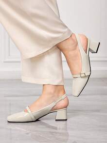 Sleekvia 新款方头粗跟无后跟绑带舒适防滑时尚百搭女式高跟鞋，春秋季 - 米色 - 查看 3