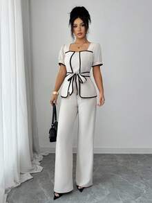 SHEIN Elenzya Women's Knotted Waist Short Sleeve Shirt Top And Wide Leg Pants Casual Commuter 2 Pieces Set - Apricot - View 3