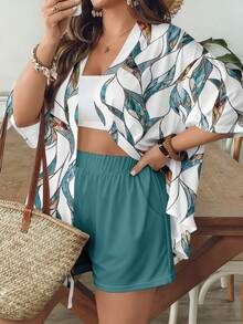 SHEIN VCAY 休闲复古树叶印花宽松加大码女式衬衫短裤两件套，适合夏季穿着 - 彩色 - 查看 6