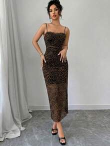 Firerie 女士豹纹蕾丝拼布中长修身连衣裙，弹力面料，露背，浪漫性感连衣裙，适合日常、工作、度假、派对、约会 - 棕色 - 查看 6