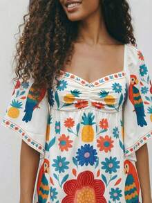 CAJUNI Sweetheart Neck Floral Print Ruffle Casual Vacation Dress - Beige - View 5