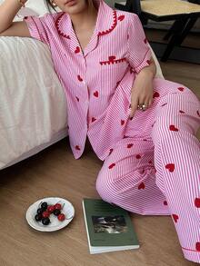 SHEIN Napfluff Sweet Heart Striped Short Sleeve Pajama Set - Pink - View 1