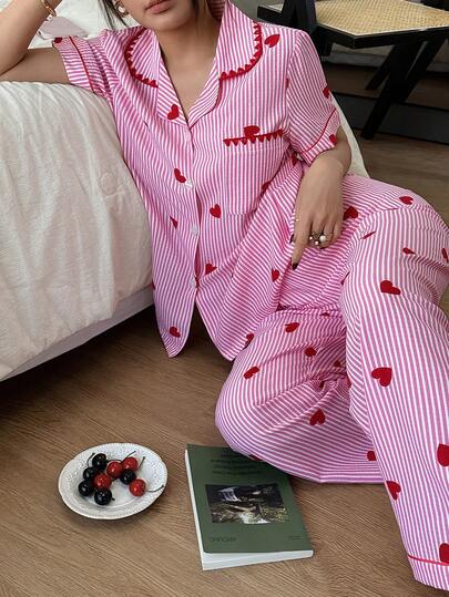 SHEIN Napfluff Sweet Heart Striped Short Sleeve Pajama Set