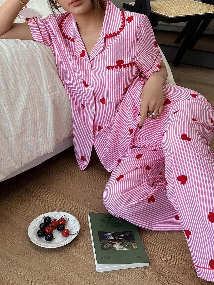 SHEIN Napfluff Sweet Heart Striped Short Sleeve Pajama Set - Pink - View 1