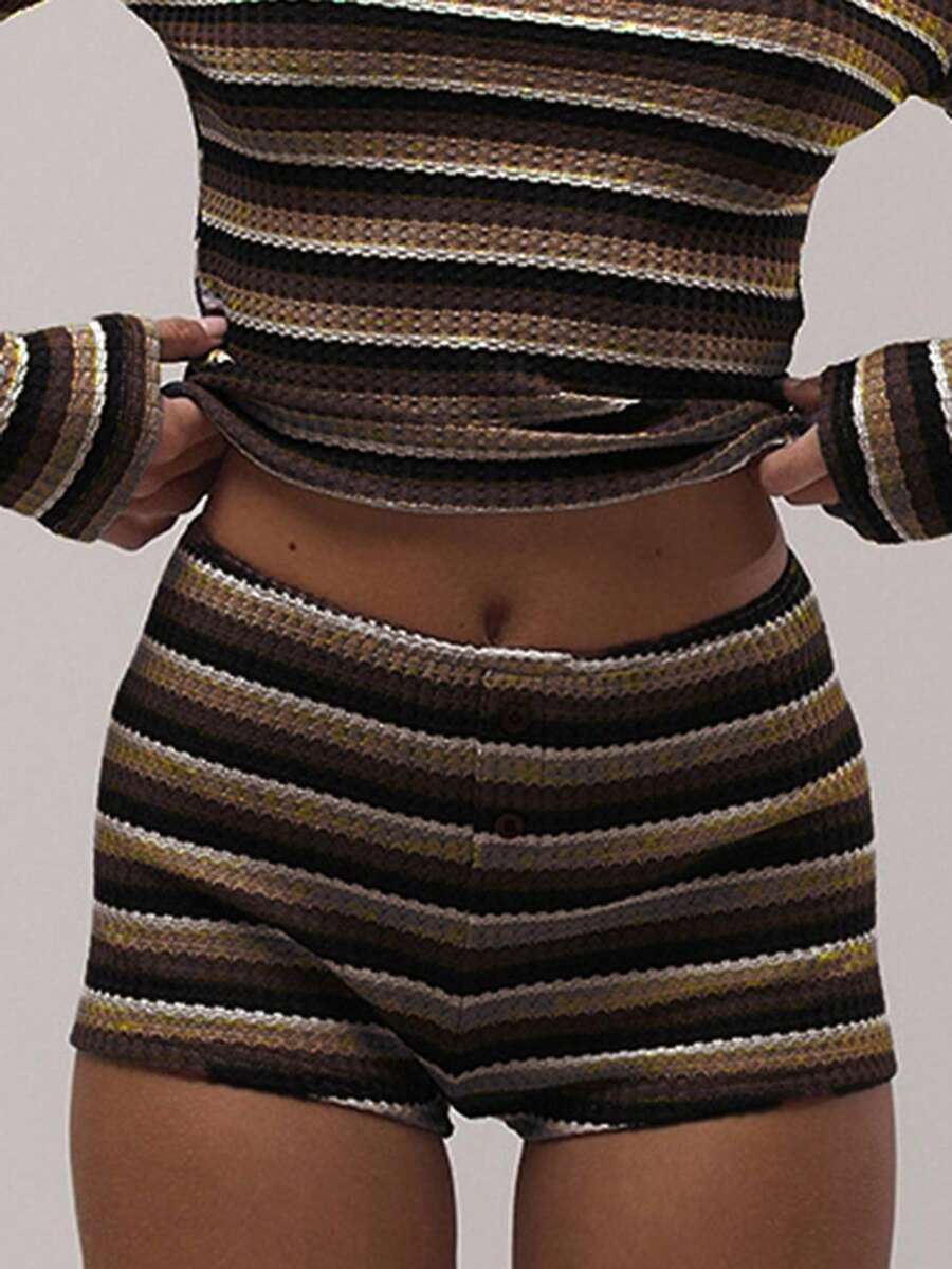 MUSERA Striped Casual Slim Fitting Versatile Shorts Crochet Hotpants Mini Short Cute Spring Holiday Everyday Vacation Bottom Only Summer - Brown - View 1