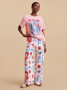 Travachic Pantalones anchos con bolsillos en diagonal con estampado de palmeras para mujer, ideales para vacaciones, primavera y verano, para usar en la playa, vacaciones de primavera - Multicolor - Ver 3