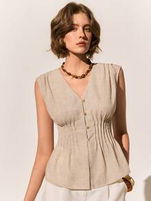 Poéselle Women's Pintucked Blend Peplum Vest Top , Sleeveless V-Neck Button-Down Summer Top, Peplum Top, Sleeveless Button Down, Neutral Summer, Quiet Luxury Fashion, Linen Top, Coastal Grandma Style Sleeveless Slimming Linen-Like Top For Women - Khaki - View 2