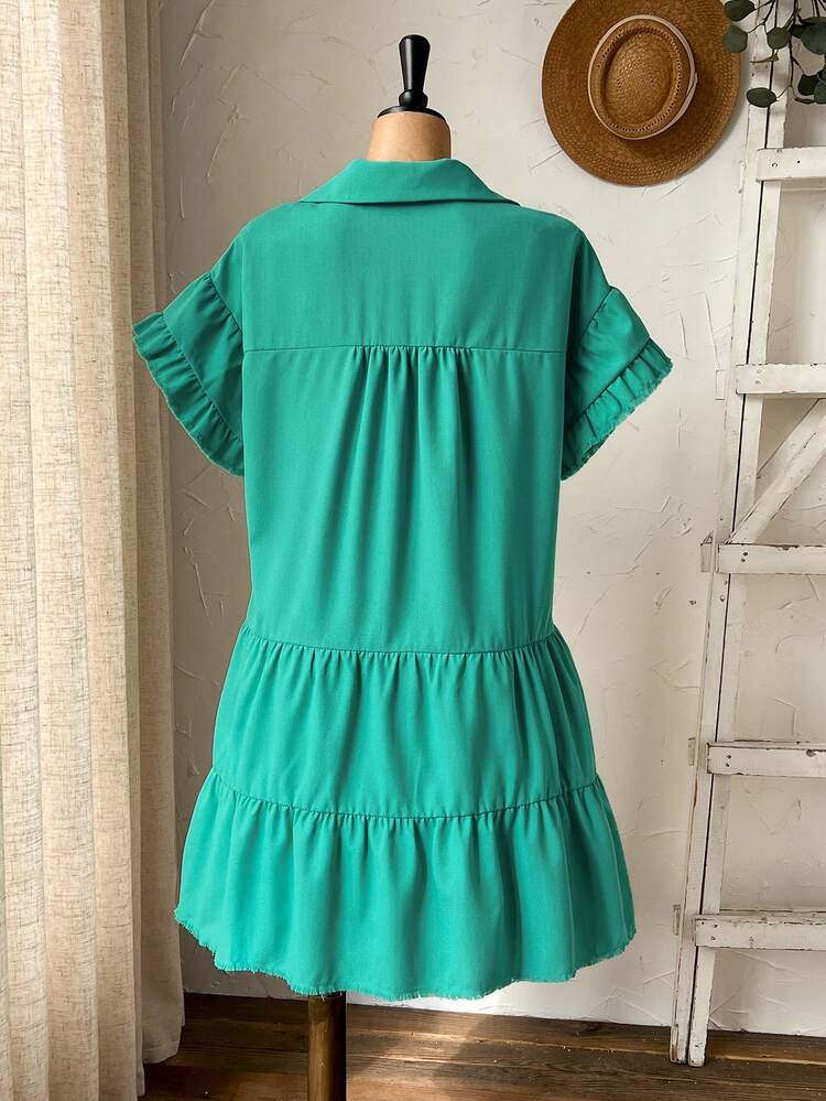 Plus Size Solid Color Ruffle Hem Casual Short Sleeve Dress For Summer/ Vacation Summer Dress  Summer Outfits Summer Clothes Spring Dress Spring Outfit Women Spring Clothing Country Style For Women Country Dress For Women Green Dress Green Dresses For Women