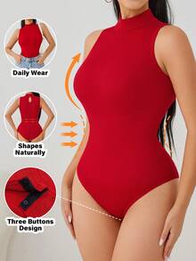 SuitURBody 女士无缝高领紧身塑形连体衣，高弹力，成熟魅力，优雅柔软，无束缚感，后颈镂空设计，可作外衣穿着 - 紅色 - 查看 1