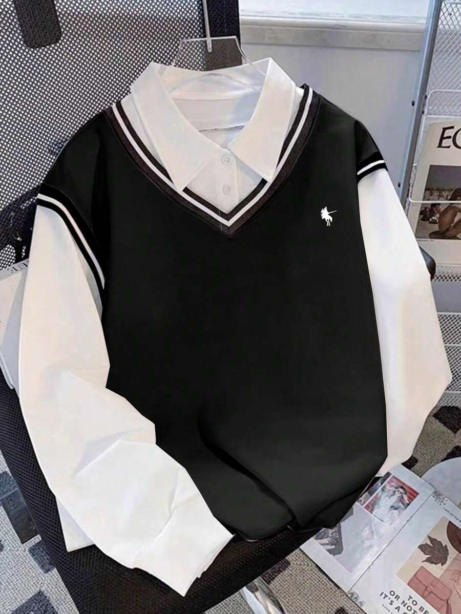 Resyla New Contrast Color Collar Sports Casual Sweatshirt, Knight Print College Style Top - Multicolor - View 1