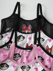 THE POWERPUFF GIRLS X SHEIN 4pcs Young Girl Cute Cartoon Heart Print Ringer Undershirt Cami Top - Pink - View 8