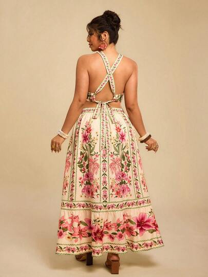 Travachic 大码女士波西米亚风露背系带长款印花连衣裙，适合花园派对、夏季等各种场合。