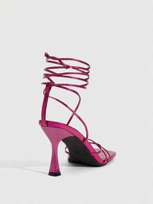 CUCCOO SZL Rose Red Snake Pattern Wrapped High Heels, High-End Banquet Commuter Sandals Snake Pattern Metal Gold Strap Sandals, Multi-Strap Wrapped Square Heels Spring Shoes - Hot Pink - View 4