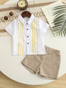 2pcs Baby Boy Summer Modest Family Matching White Single-Breasted Short Sleeve Polo Shirt With Diamond Pattern Print And Elastic Waist Shorts Set - Multicolor - View 3