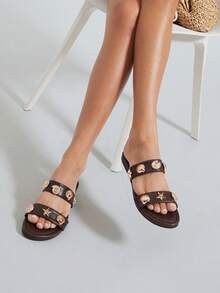 Solezae Women's Minimalist Comfortable, Durable, Double Band Slip-On Flat Sandals With Metal Ornaments - Coffee Brown - View 4