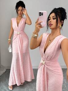 Elenzga 女士优雅复古风修身长连衣裙，粉色针织纹理褶皱金属装饰，春夏款 - 粉色 - 查看 1