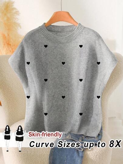 SHEIN CURVE+ Áo len nữ cỡ lớn cổ tròn họa tiết trái tim, kiểu dáng thường ngày, thích hợp mặc mùa thu/đông, áo len nữ, áo chui đầu nữ, áo kiểu dễ thương cho nữ, áo len in hình.