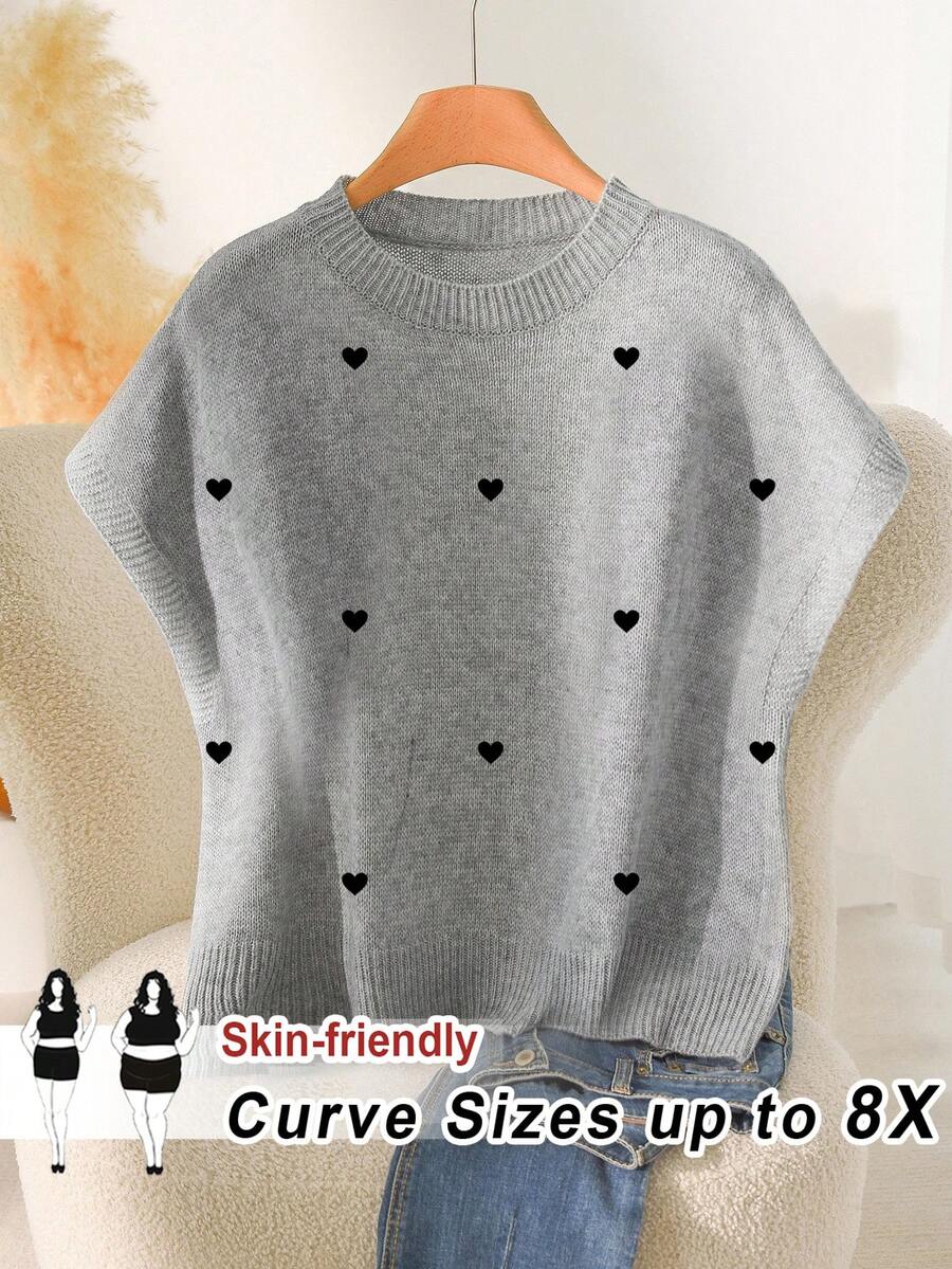 SHEIN CURVE+ 大码女式爱心图案圆领休闲针织毛衣，秋冬女式套头衫，可爱女式上衣，印花毛衣上衣