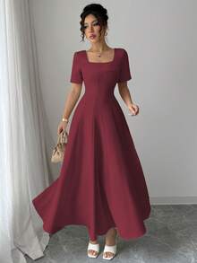 SHEIN Elenzya 女士优雅简约通勤办公商务休闲度假下午茶连衣裙，定制修身A字廓形，带口袋，短袖，春夏款 - 酒紅色 - 查看 5
