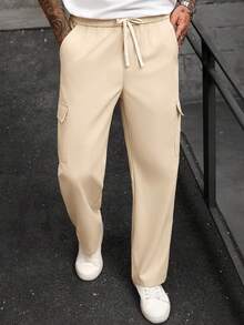 Manfinity CasualCool Mature Style Straight-Leg Men's Pants, Men's Wide-Leg Pants, Khaki Cargo Pants, Suitable For Home, Office, Friends, Matching, Loose Fit, Men - Khaki - View 5