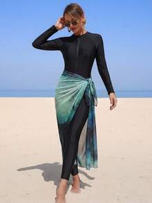 Swim Mulvari Women's Tie-Dye Print Long Sleeve Zipper Design 3 PiecesBurkini Set, Beach Vacation - Multicolor - View 3