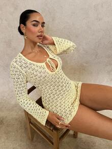 SHEIN Women's Summer Beach Hollow Out Long Sleeve Short Dress, Knitted Cover Up - Yellow - View 3