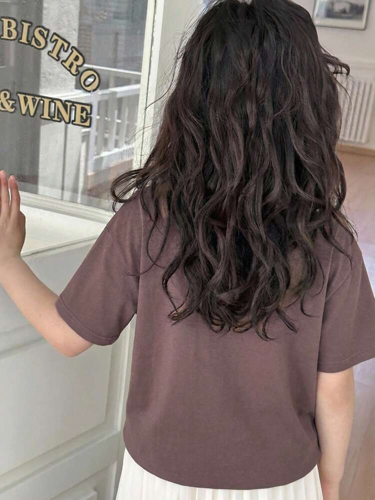 Tween Girl Round Neck Star Patch Decor Casual Versatile Daily Wear Short Sleeve T-Shirt Summer