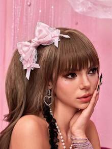 ROMWE J-Fashion 1. Kẹp tóc hình nơ màu hồng, kiểu dáng dễ thương và ngọt ngào, viền ren trắng, kẹp tóc đính ngọc trai và đá quý thủ công theo phong cách Lolita dự tiệc trà. - Hồng - Xem 2