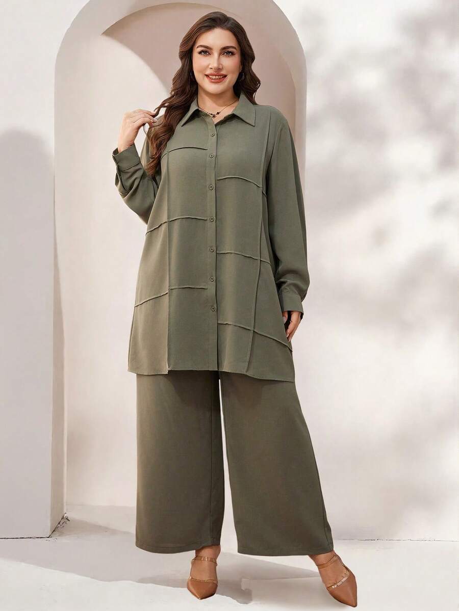 Lacomfia 女士休闲条纹衬衫和阔腿裤两件套，百搭简约，大码可选 - 軍綠色 - 查看 1