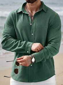 VENTUSAIL Kemeja Pria Polos Warna Solid Kasual Bahan Linen Lengan Panjang Berkerah, Untuk Bepergian, Untuk Musim Gugur - Hijau - View 7