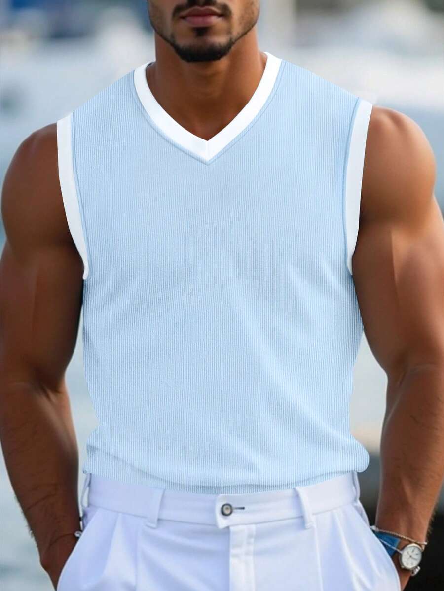 Manfinity Homme 男士夏季度假款V领罗纹针织背心 - 彩色 - 查看 1