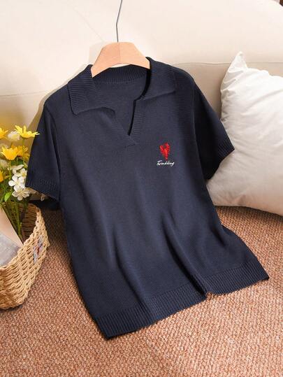 CosyJoli Suéter informal de manga corta con bordado de langosta y letras para tallas grandes