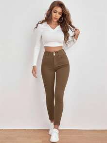 SHEIN Frenchy High Waist Slant Pocket Skinny Black Jeans Casual Brown - Brown - View 5