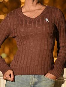 Mima John 女士休闲简约刺绣细节修身毛衣，秋冬季上学上衣 - 棕色 - 查看 3