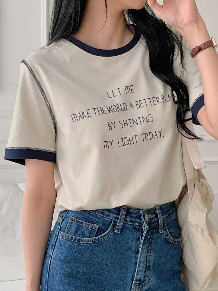 Women's Elegant Loose Basic Patchwork Contrast Color Short Sleeve Letter Decor Cotton T-Shirt, Spring/Summer