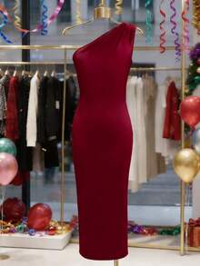 Franclia 女士性感优雅丝绒单肩褶皱收腰修身优雅日常通勤时尚法式街头复古百搭圣诞派对新年假日商务酒红色长袖连衣裙，秋冬款 - 酒紅色 - 查看 4