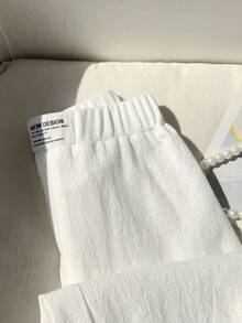 SHEIN Tween Girl 100% Cotton Elastic Waistband Wide Leg White Pants, Casual Basic Back To School - White - View 2