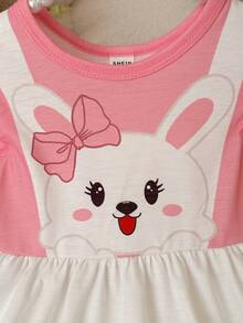SHEIN 女婴可爱撞色蝴蝶结卡通图案短袖连衣裙，夏季 - 彩色 - 查看 6