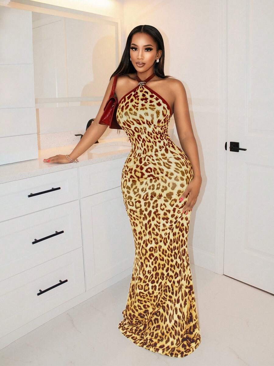 BamGleam 秋冬季豹纹图案撞色金属扣露背女装 - 黃色 - 查看 1