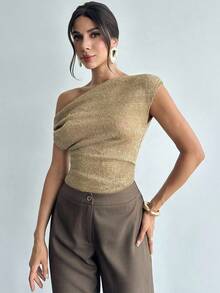 Firerie 女士优雅浪漫约会度假休闲通勤百搭卡其色亮片提花不对称领连体衣，夏季套装 - 卡其色 - 查看 8