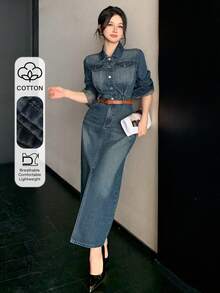 DAZY Women's Vintage Washed Denim Midi Dress With Large Pockets, Slim Fit, High Slit, Casual Business Office Wear, Spring/Summer/Autumn - Dark Wash - View 1