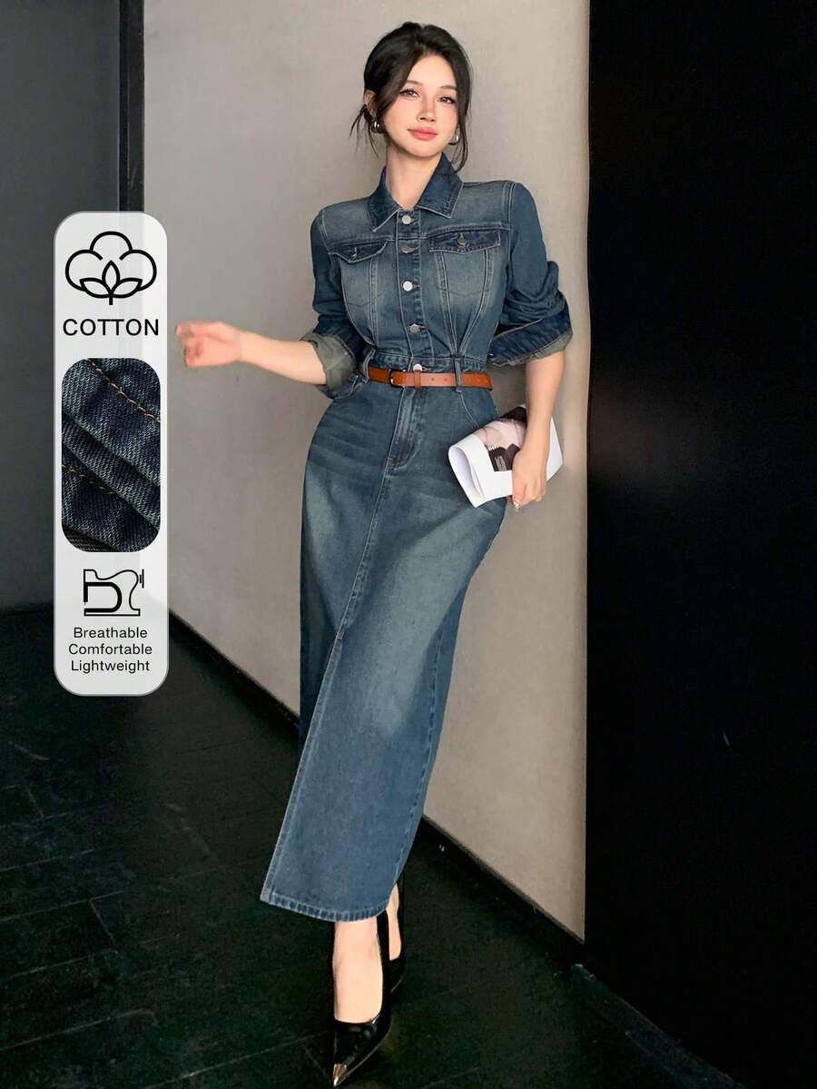 DAZY Women's Vintage Washed Denim Midi Dress With Large Pockets, Slim Fit, High Slit, Casual Business Office Wear, Spring/Summer/Autumn - Dark Wash - View 1