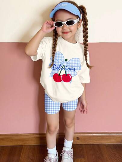 SHEIN Tjej Casual Minimalistisk Kortärmad Topp & Shorts 2 Delat Set, Lämpligt För Sommaren