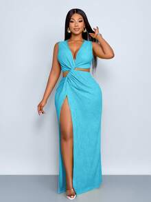 SOLERSUN Plus Size Women's Spring And Summer Solid Color Textured Fabric Waist Hollow Twist High Slit Sexy Long Dress, Beach Vacation - Baby Blue - View 6