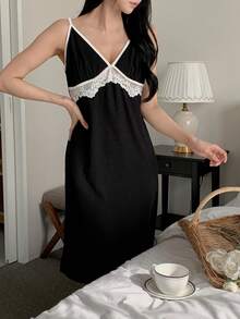 DAZY Contrast Color Lace Patchwork Camisole Waist Women Nightgown - Black - View 4